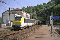 Die belgische 1309 mit einem Güterzug durchfährt den Lutzelbourger Bahnhof.